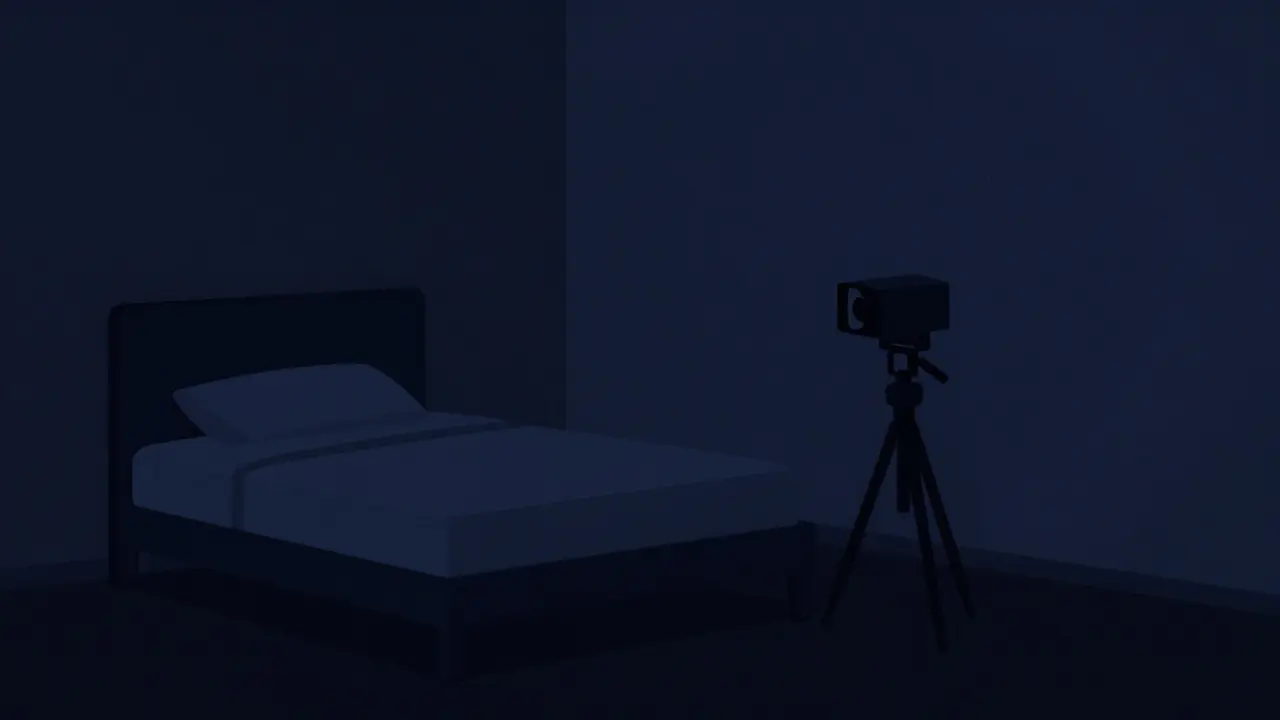 Simple illustration of a security camera in a dark bedroom with a faint shadow.