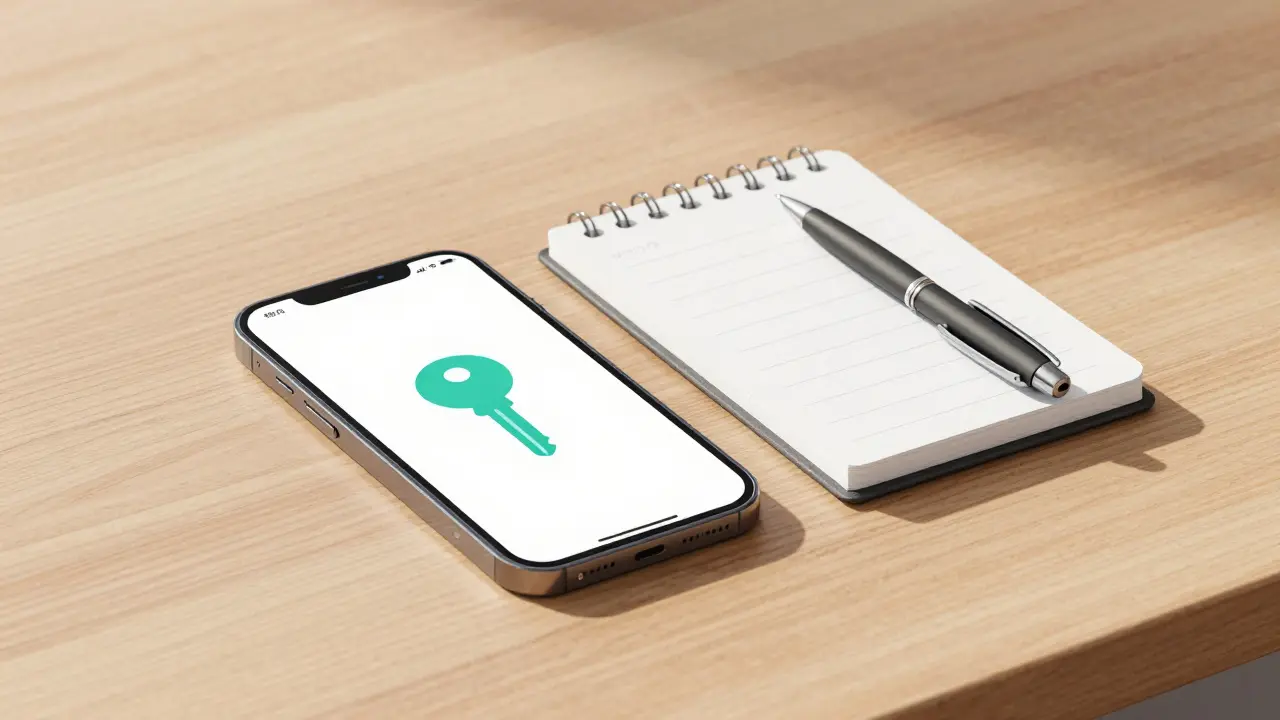 Smartphone and notebook on table for password storage