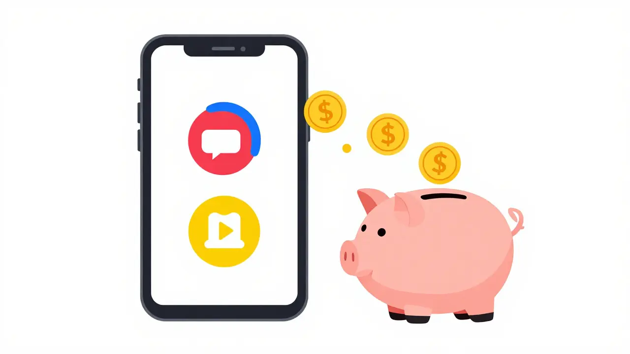Smartphone with rotating streaming icons filling a piggy bank