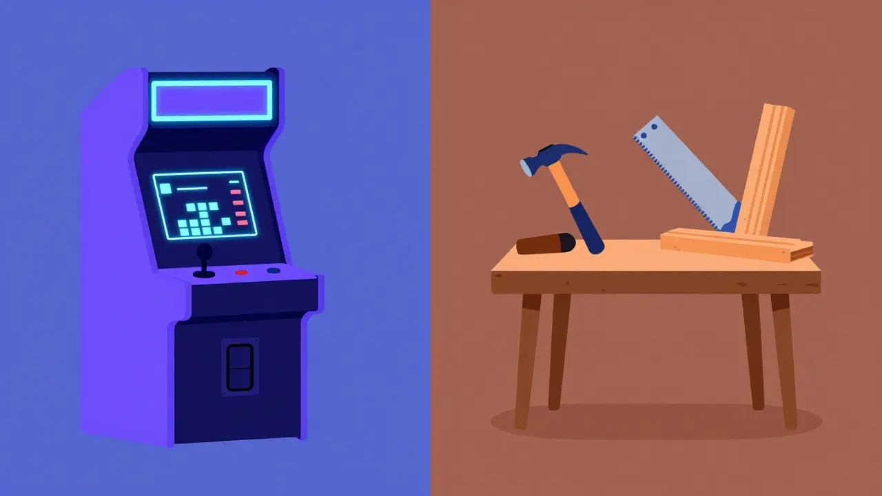 Split illustration of a retro arcade machine and DIY woodworking tools