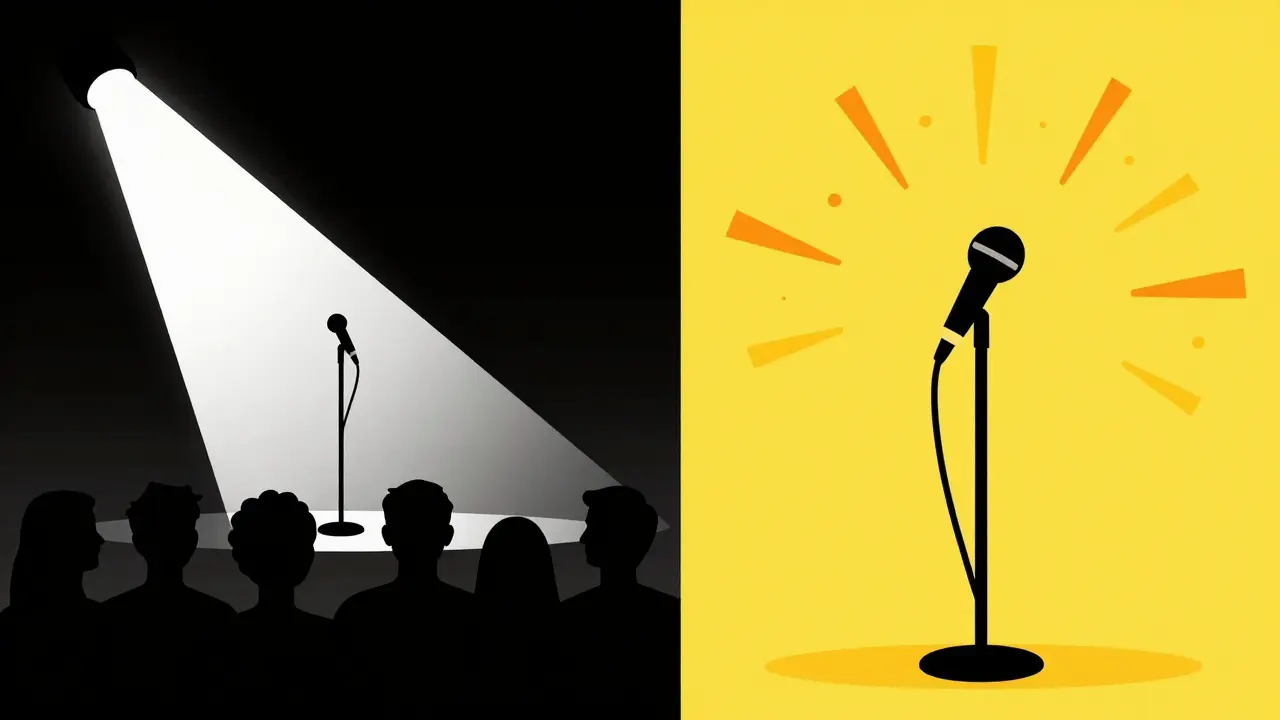Spotlight on mic contrasting with energetic comedy shapes