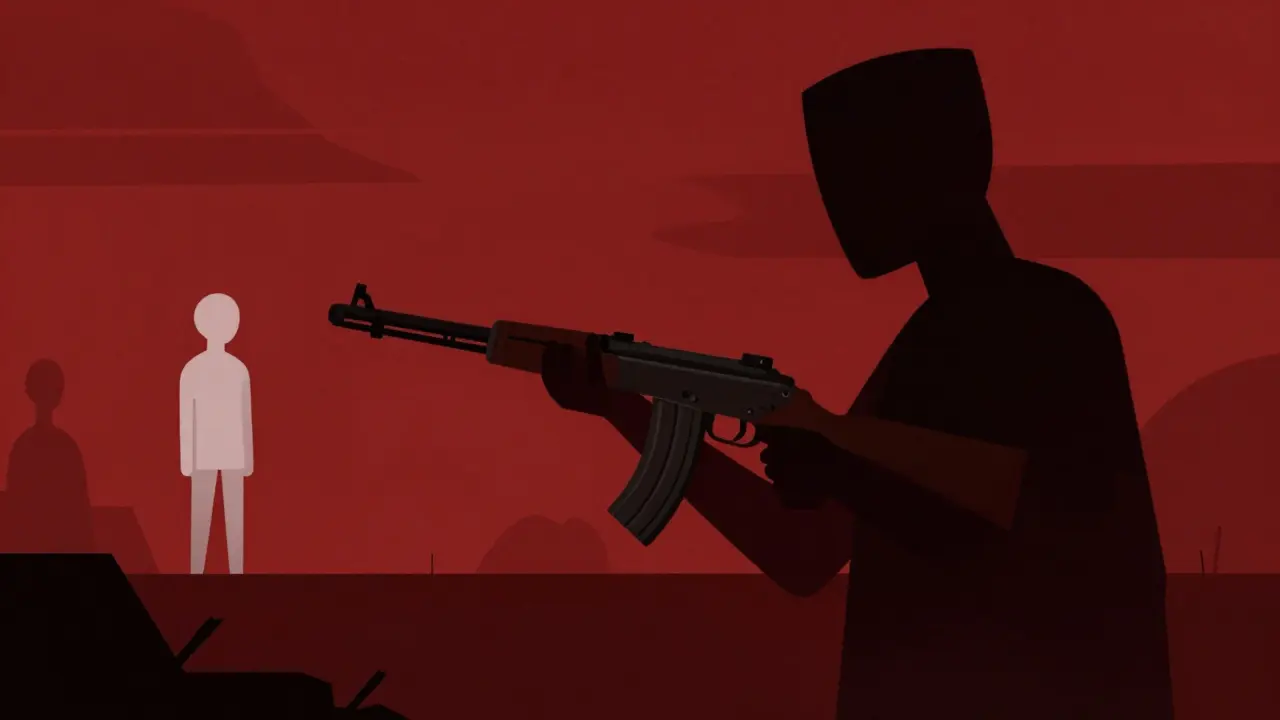 Stylized figure consumed by dark shadows, holding a gun near a small victim.