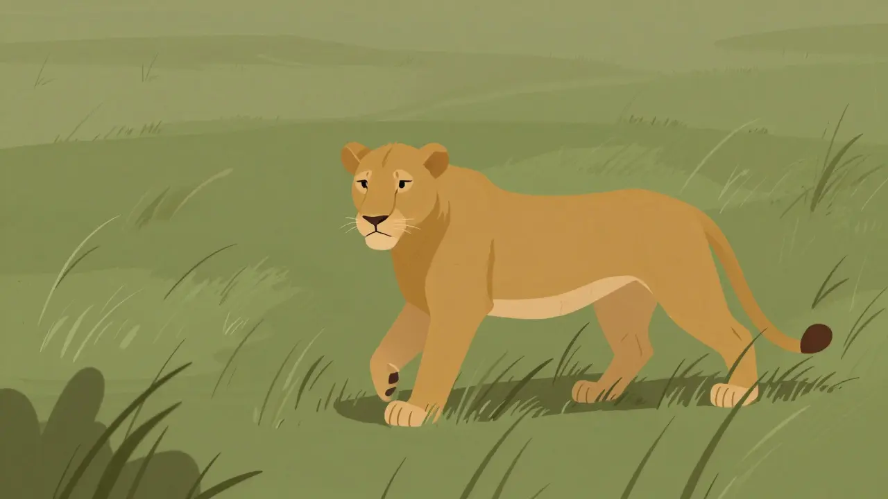 Stylized illustration of a lioness crouching in grassland savannah
