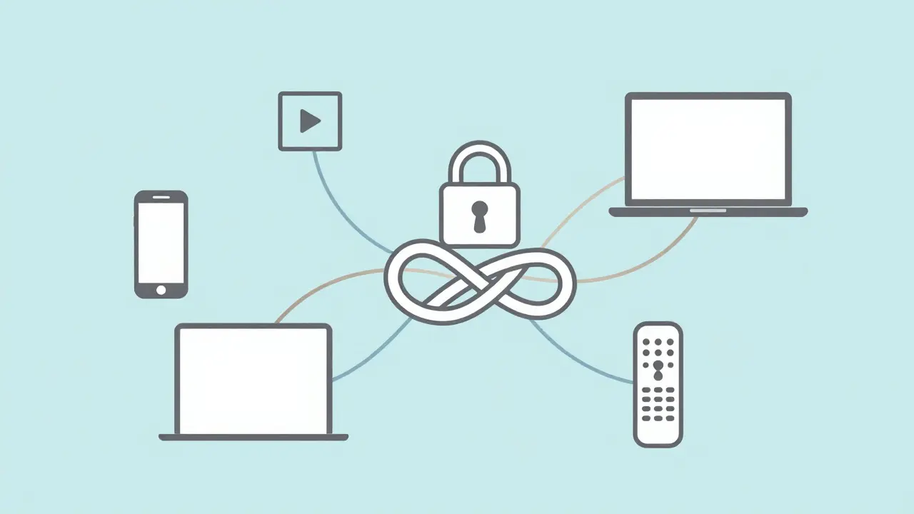 Tangled lines connecting devices with a lock icon in the center