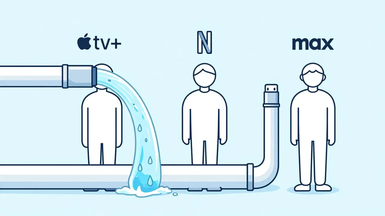 Three minimalist figures representing streaming services standing by data pipes of different widths.