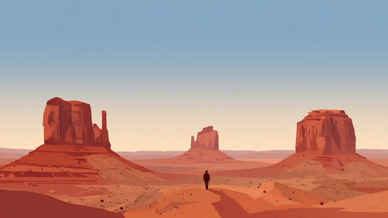 Tiny silhouette walks alone into a vast, minimalist desert landscape.