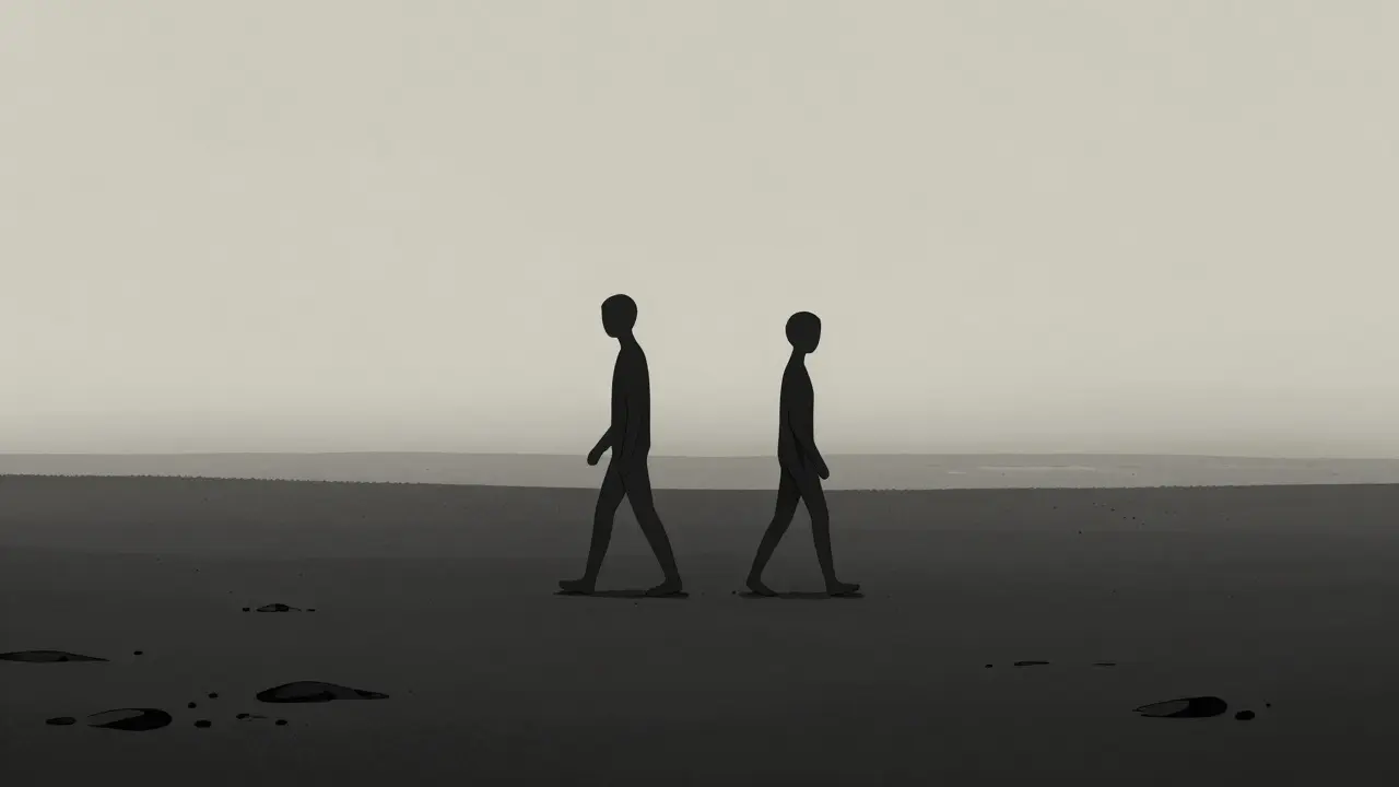 Two abstract figures walking apart on a barren black sand beach