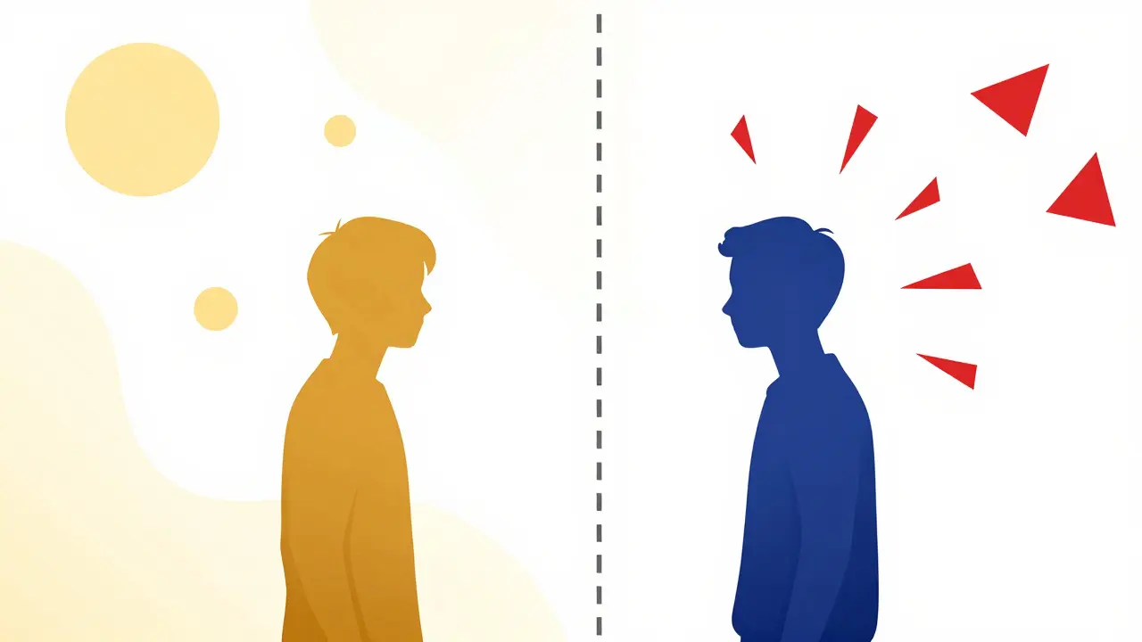 Two figures facing each other with contrasting warm and cold abstract backgrounds
