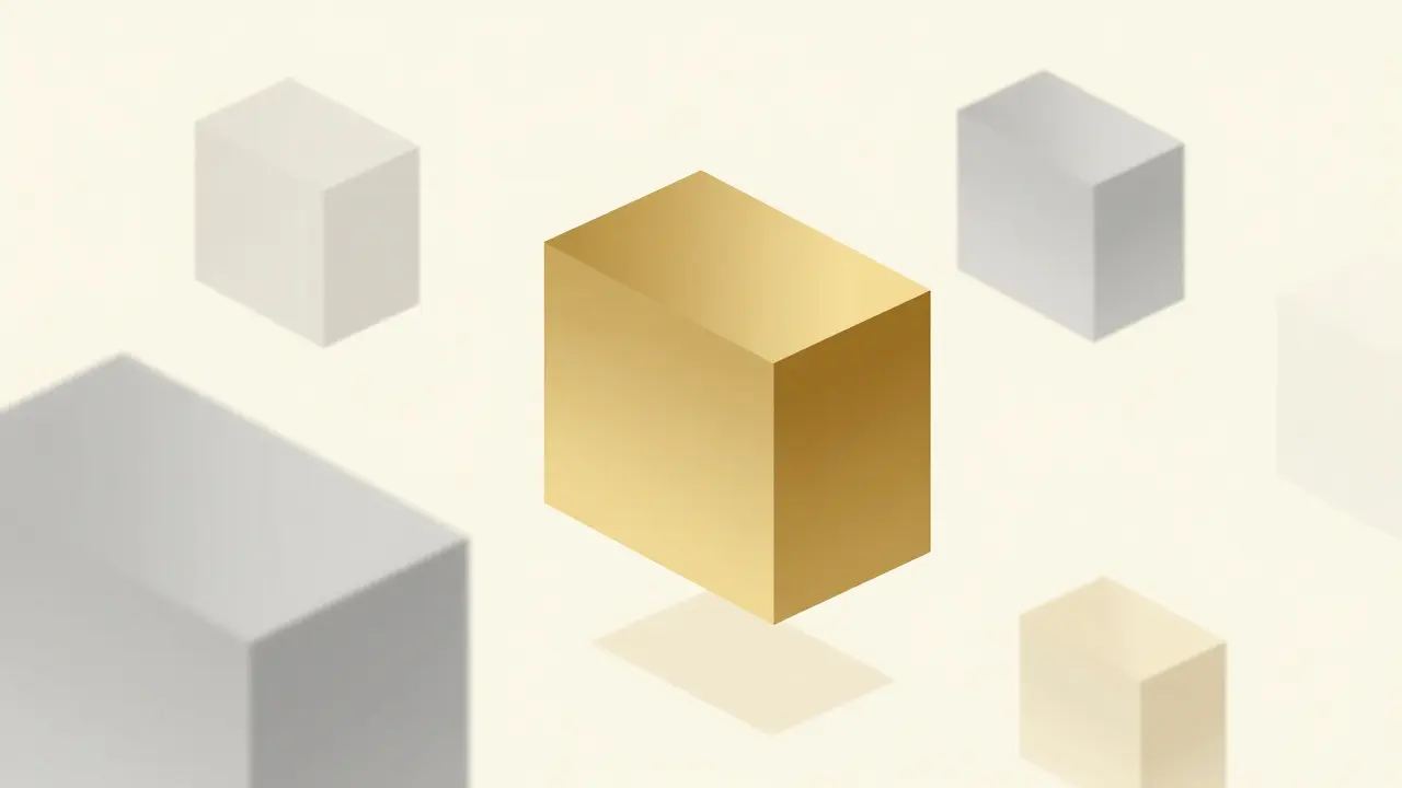 Abstract geometric blocks in gold and gray representing curated streaming quality