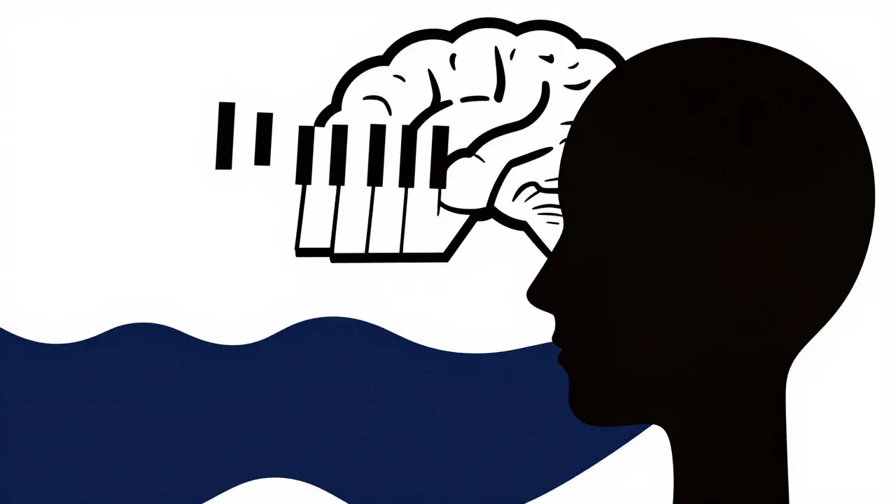 Abstract head with piano keys and sound waves inside