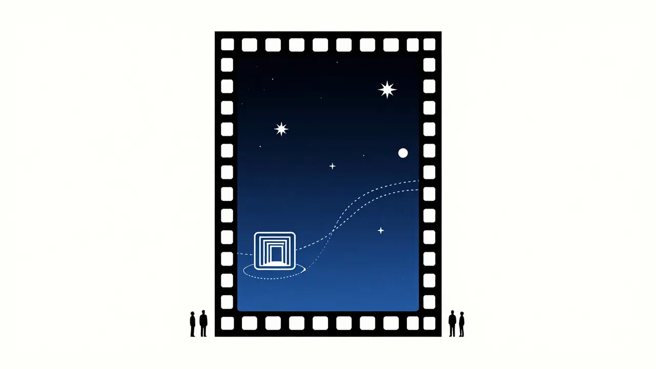 Abstract minimalist art depicting an IMAX frame with space symbols.
