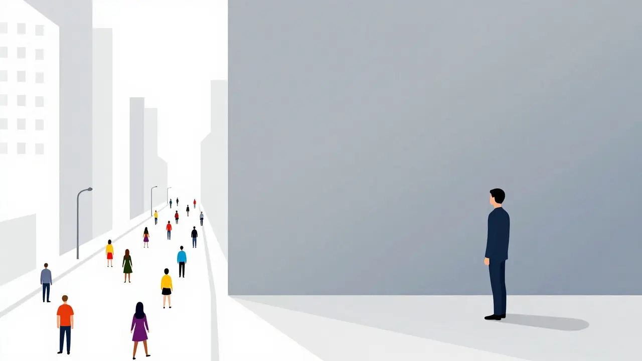 Abstract vector art depicting community diversity versus isolation barriers