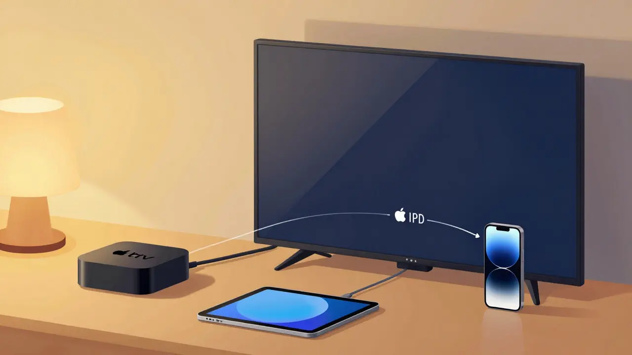 Apple TV syncing seamlessly across devices in a cozy living room