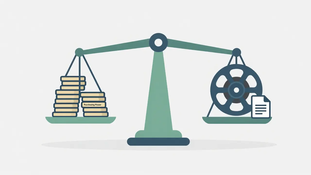 Balance scale weighing purchasing power against licensing costs