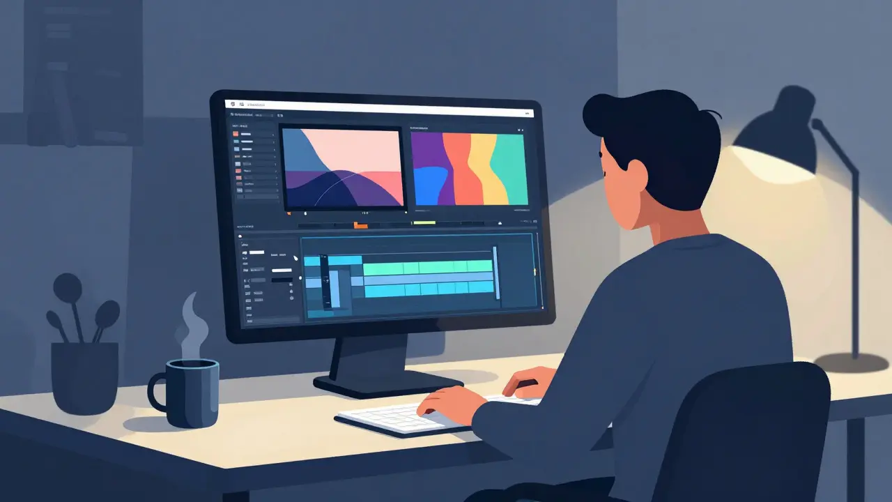 Filmmaker editing video on a computer screen in a warmly lit room at night.