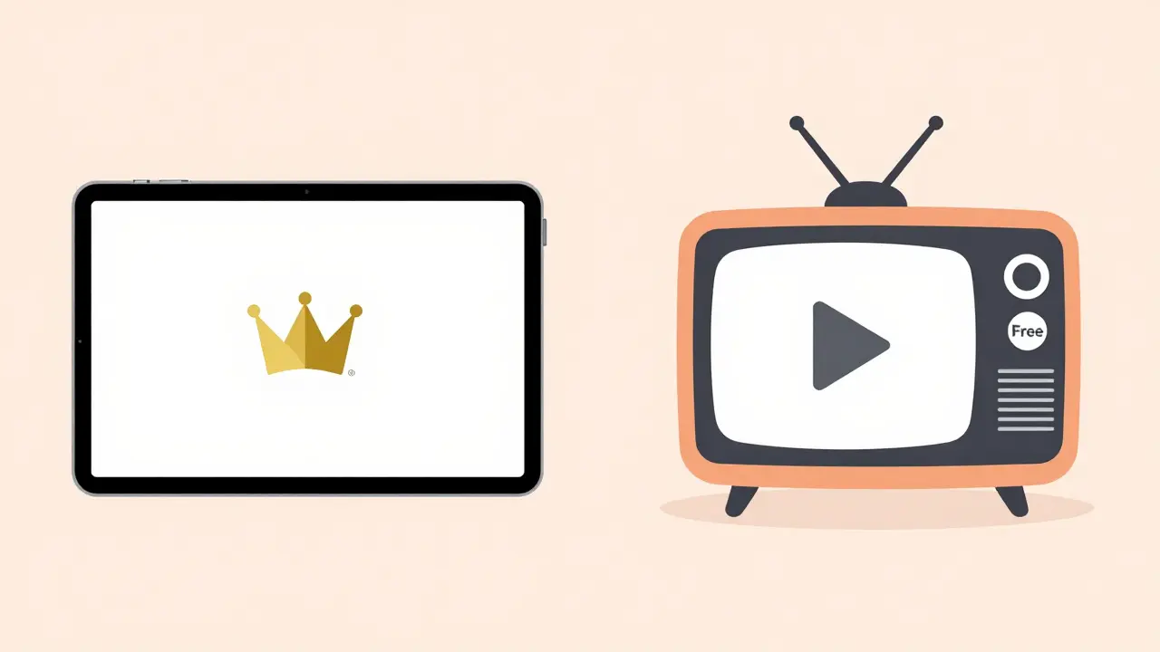 Flat design comparing a premium streaming tablet vs a retro free TV for content access.