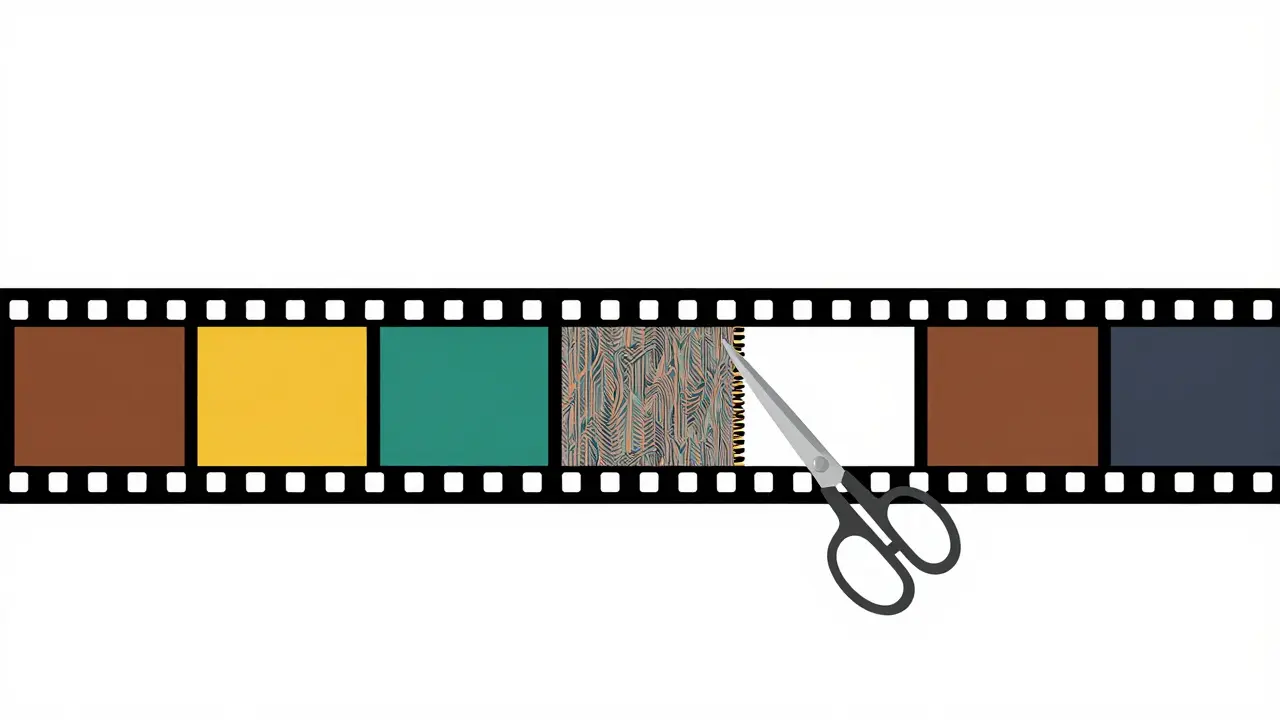 Flat design of film strips being edited to combine scripted and improvised scenes
