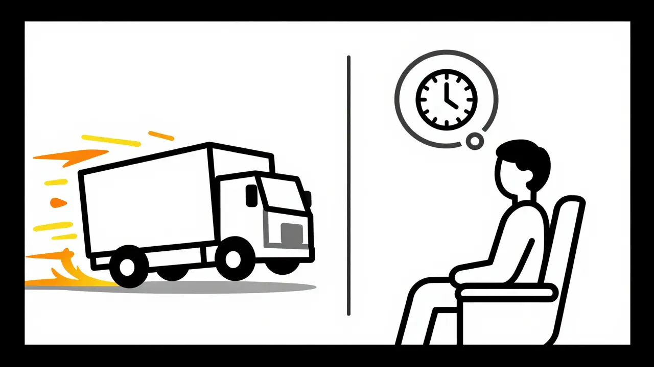 Flat design showing a truck flip and a viewer with a clock icon.
