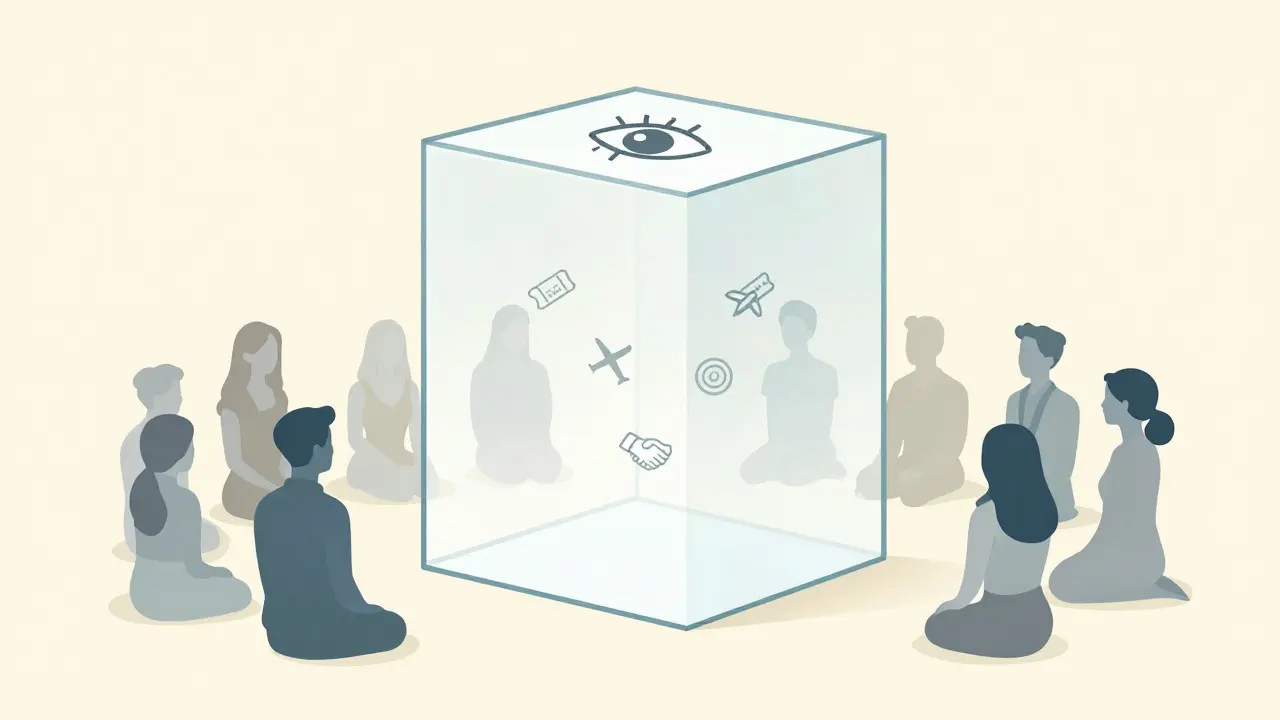 Glass box with disclosure icons inside, audience watching transparently outside