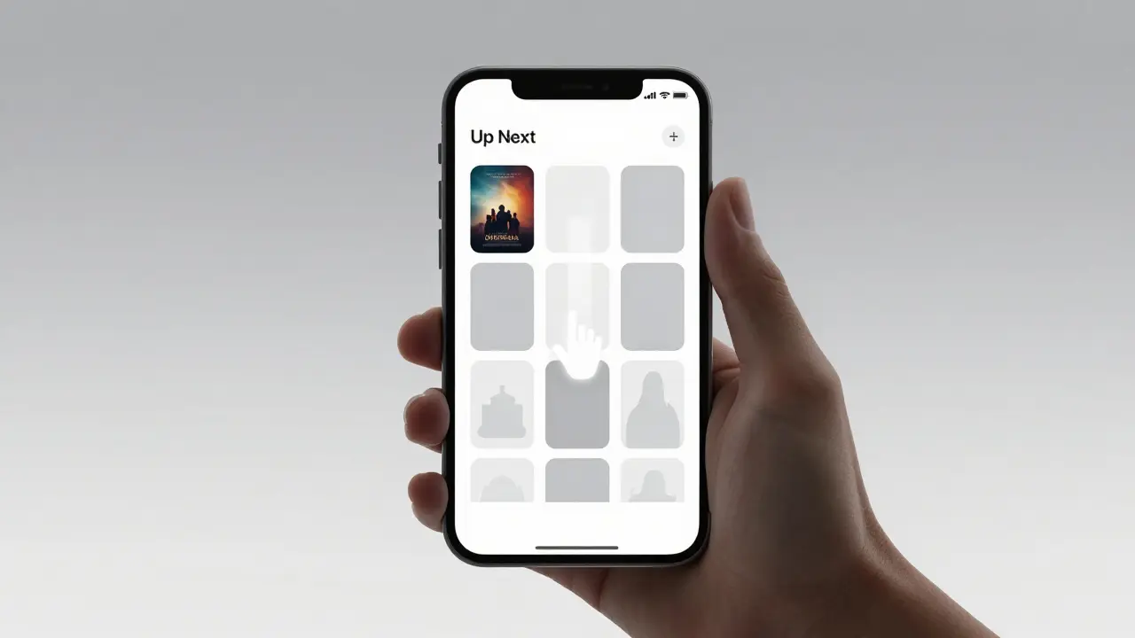 Hand dragging items in a minimalist watchlist queue on a phone