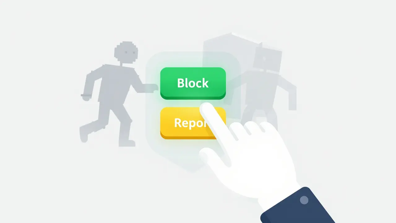 Hand pressing block and report buttons against shadowy trolls