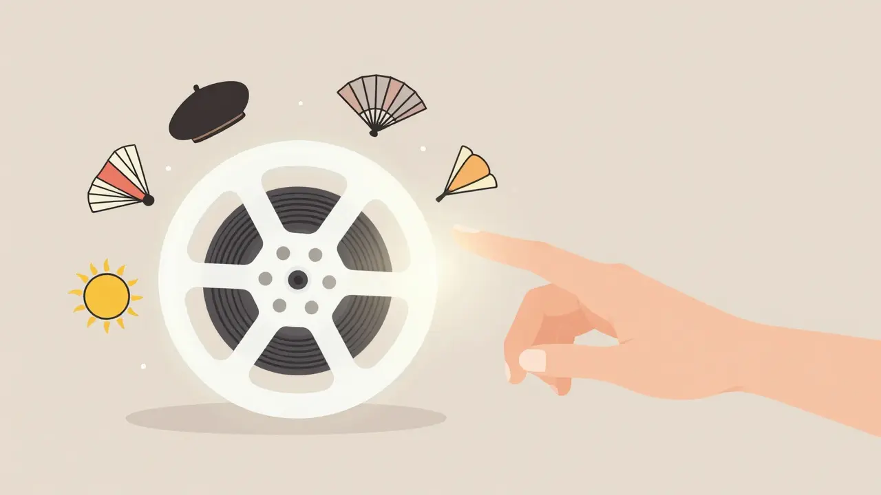 Hand touching a film reel transforming into global cultural symbols