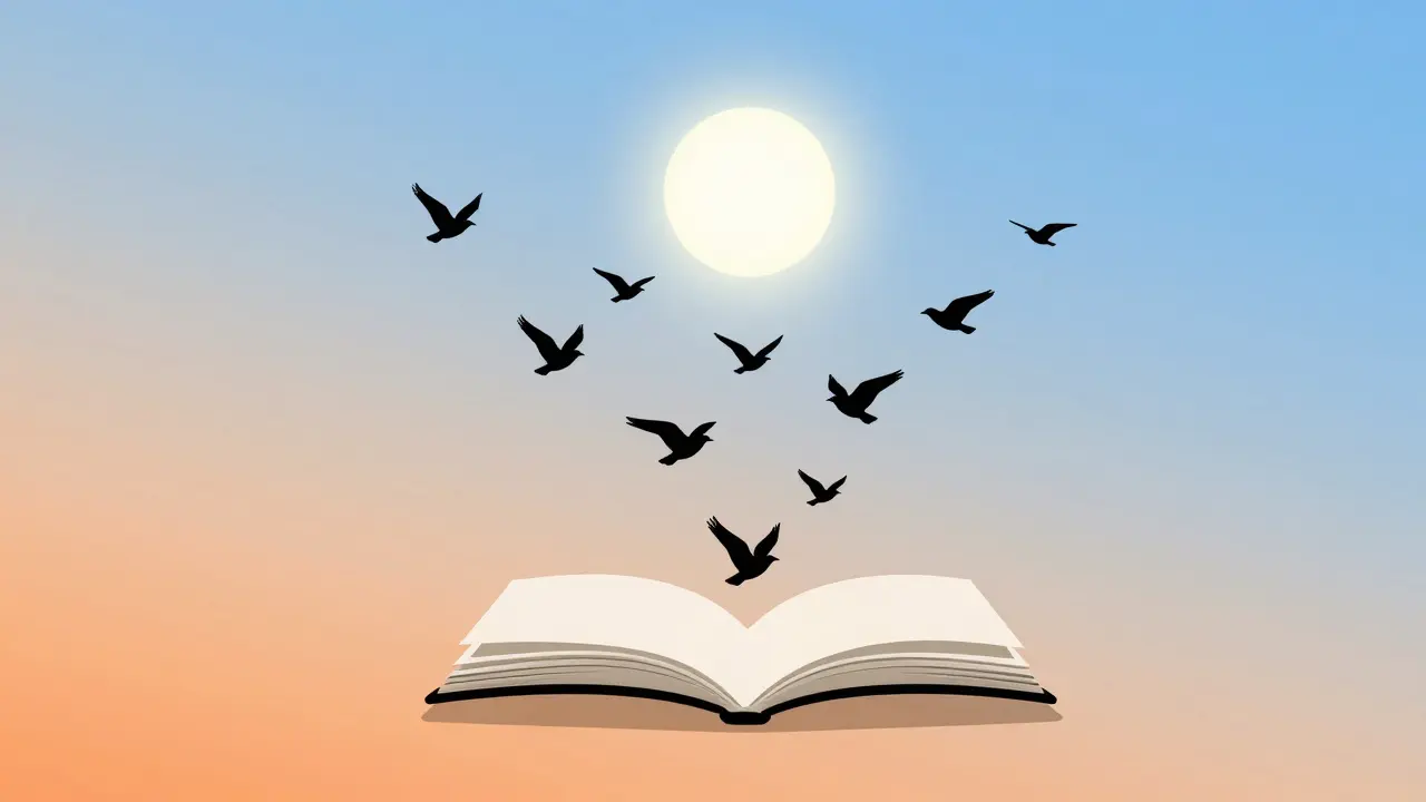 Illustration of birds flying from a ticket stub towards a sunrise