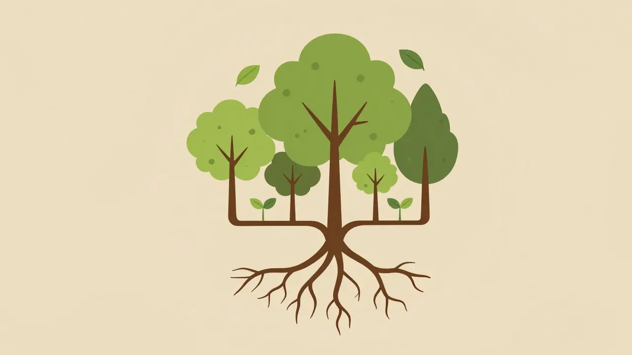 Illustration of diverse trees growing from shared roots