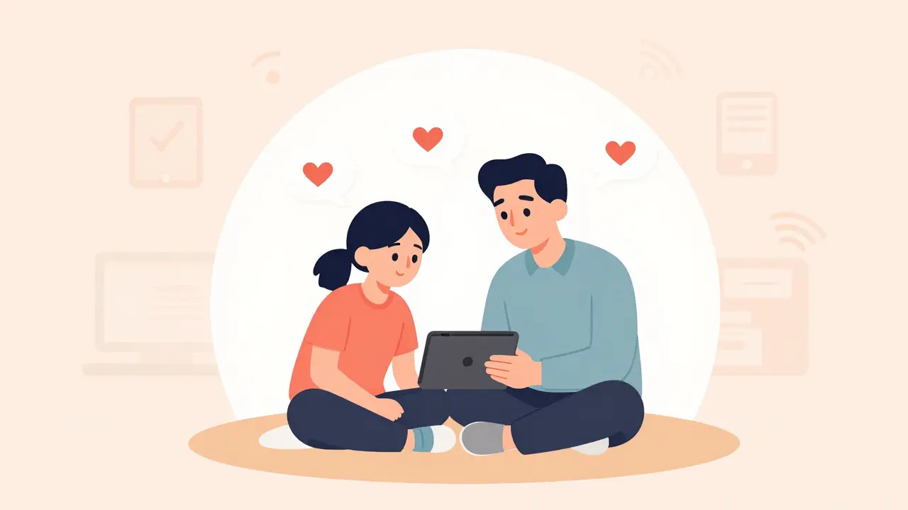 Parent and teen discussing online safety with tablet nearby