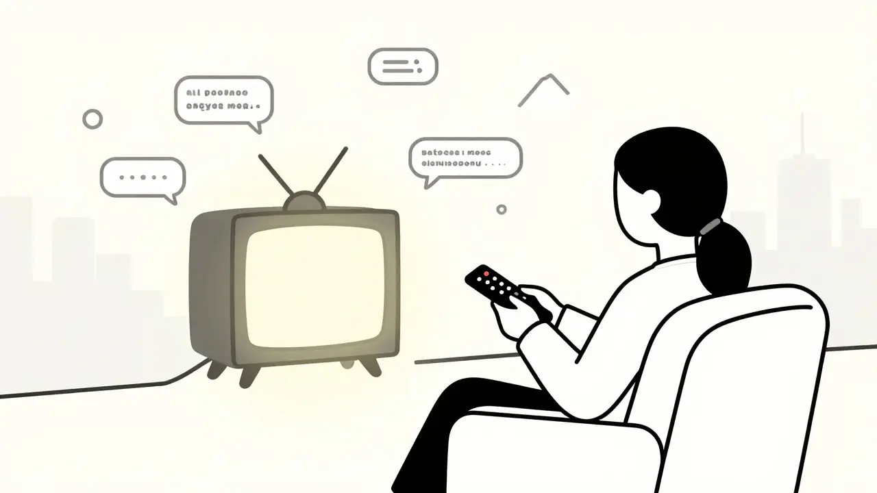Person watching TV with floating subtitle and culture symbols
