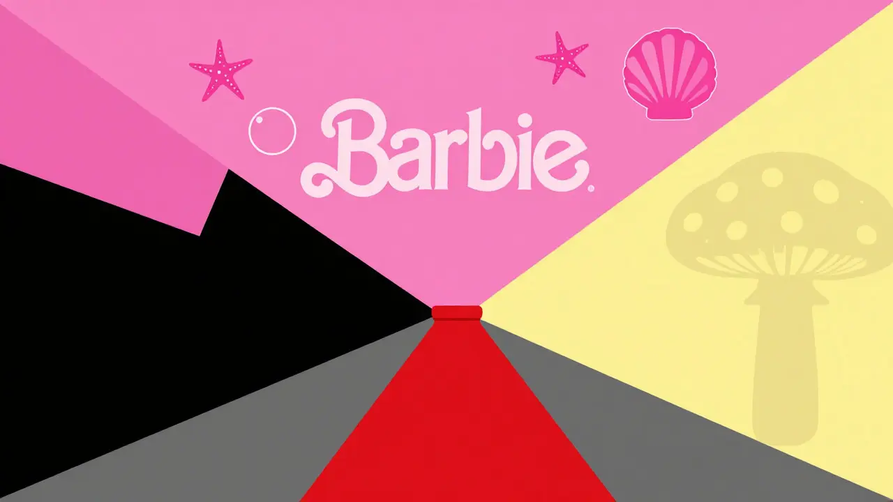 Pink and black minimalist art contrasting Barbie and Oppenheimer
