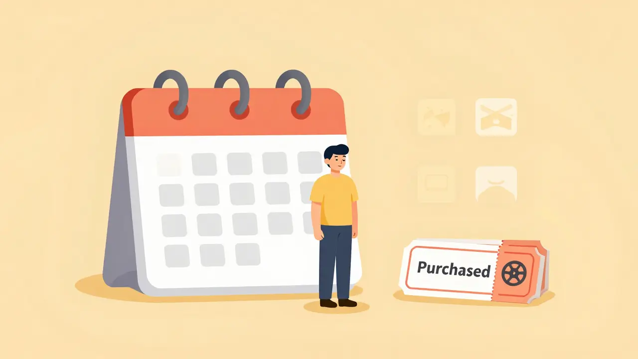 Relieved person with calendar and preserved movie tickets