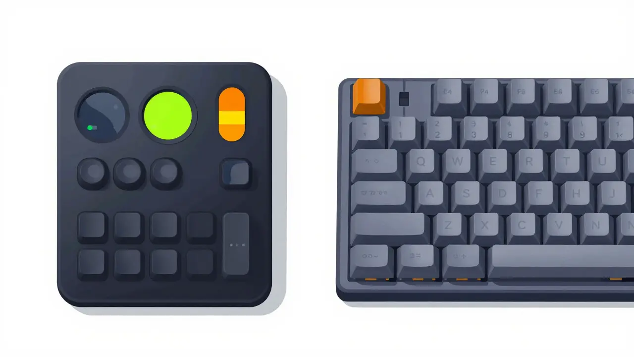 Side-by-side comparison of a Stream Deck and a mechanical macropad on a white surface.