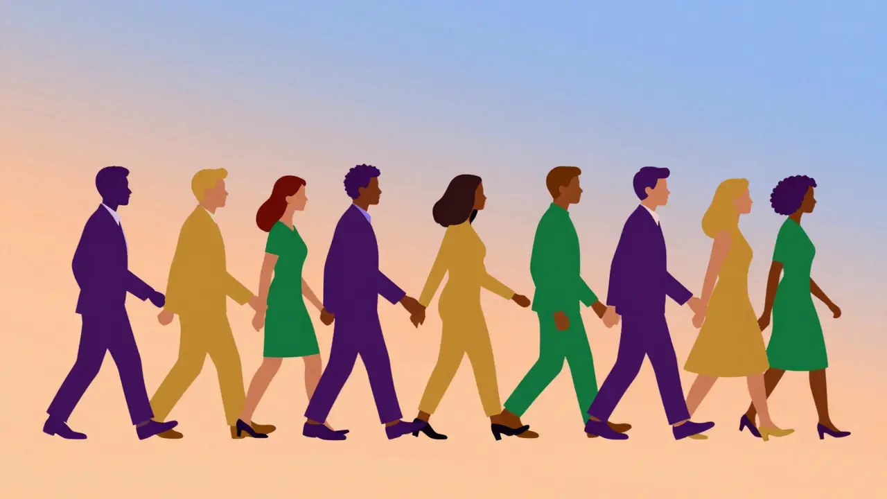 Simple colorful illustration of diverse group walking together in unity