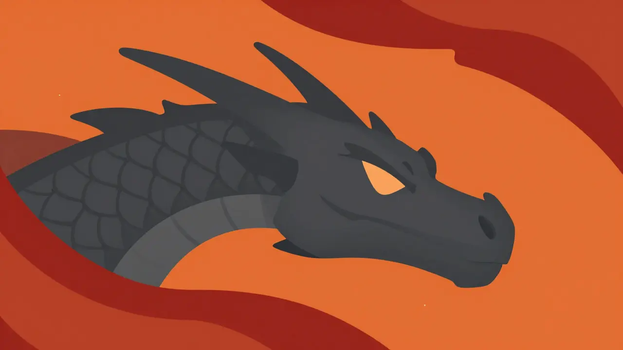 Simple graphic of a menacing dragon head with abstract orange fire shapes.