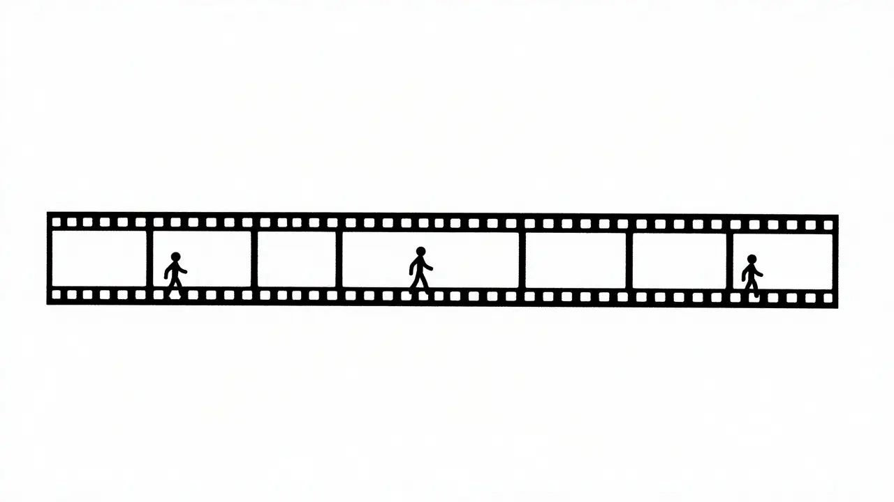 Simple illustration of a continuous film strip with figures, representing the long take technique.