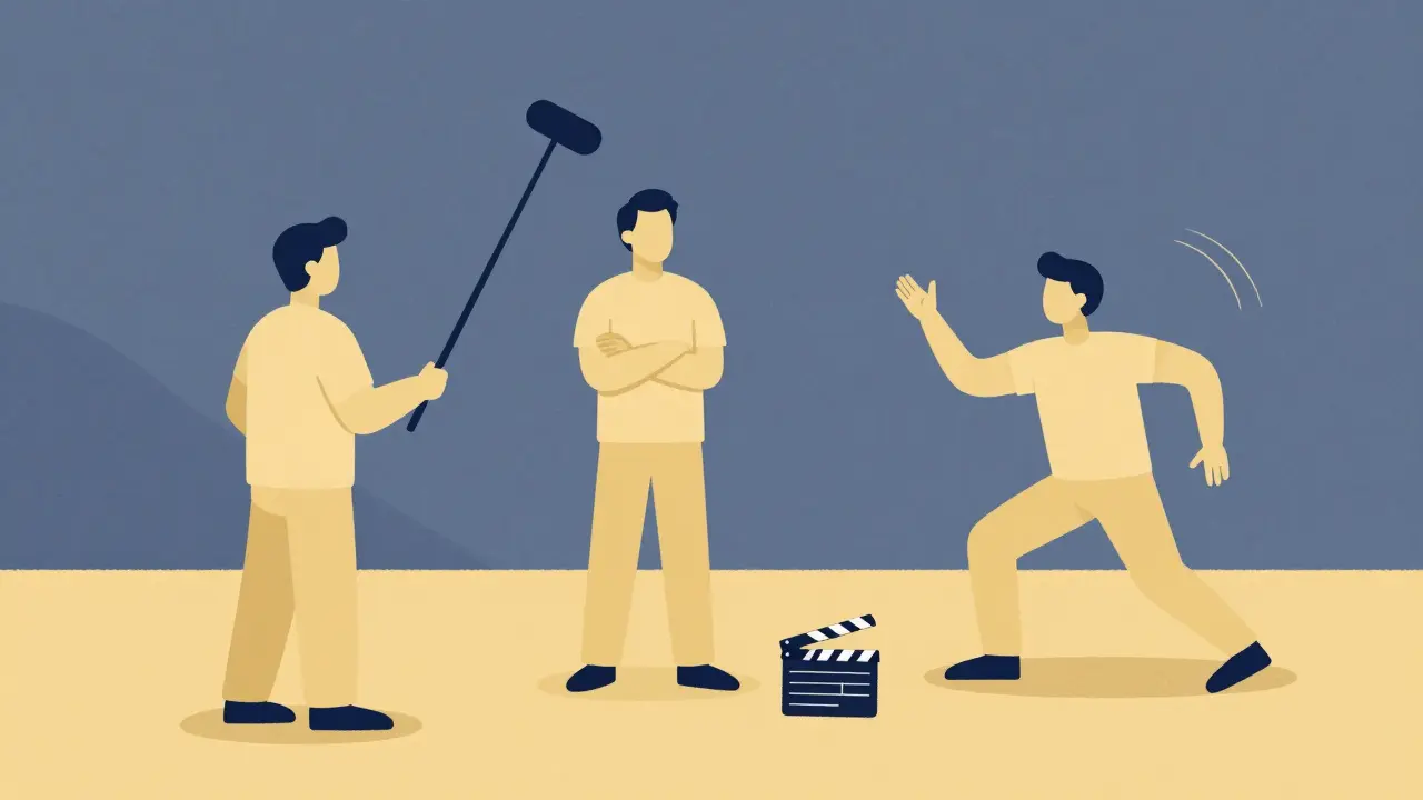 Simple illustration of actors improvising on a film set under a director's watch