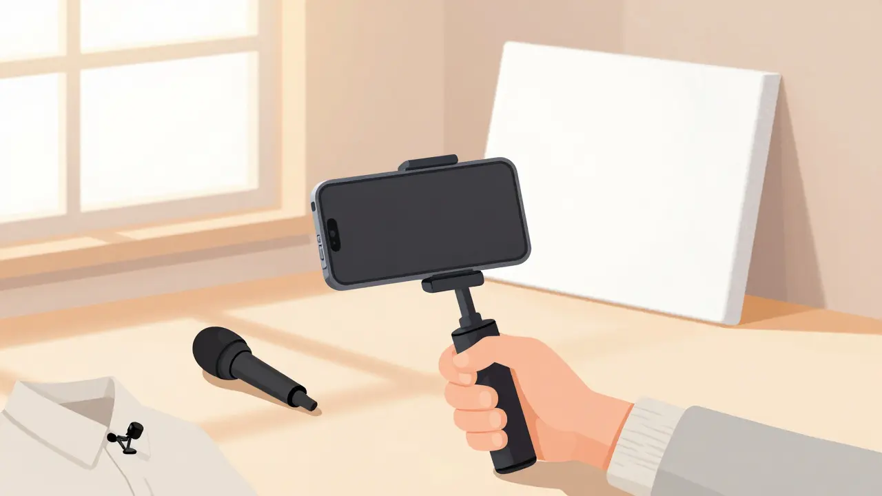 Smartphone on gimbal and lavalier mic near a window with bouncing light board.