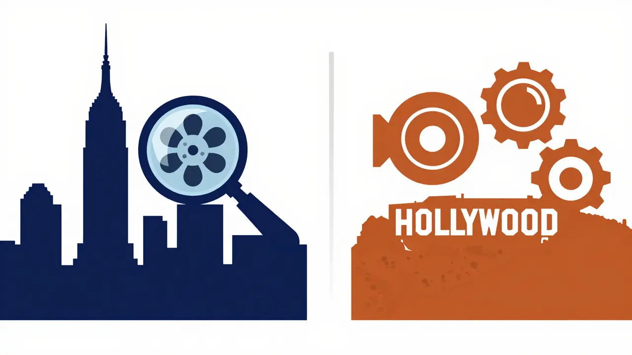 Split illustration comparing NYC prestige and LA industry craft perspectives