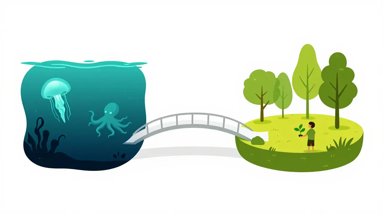 Split illustration of ocean life and forest conservation scenes