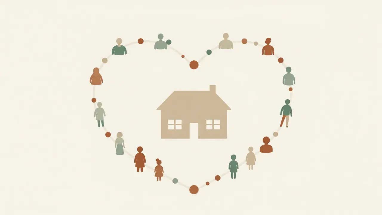 Stylized house and community dots for Mare of Easttown theme