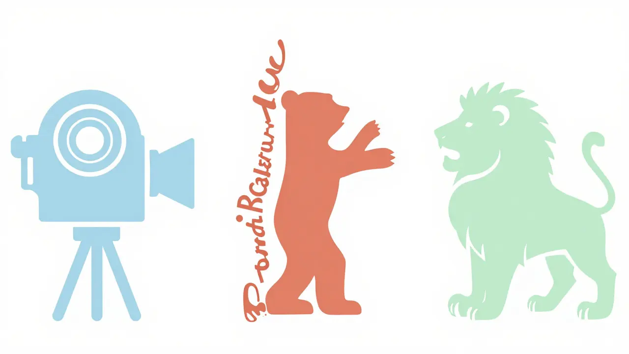 Stylized icons for Cannes, Berlinale, and Venice film festivals