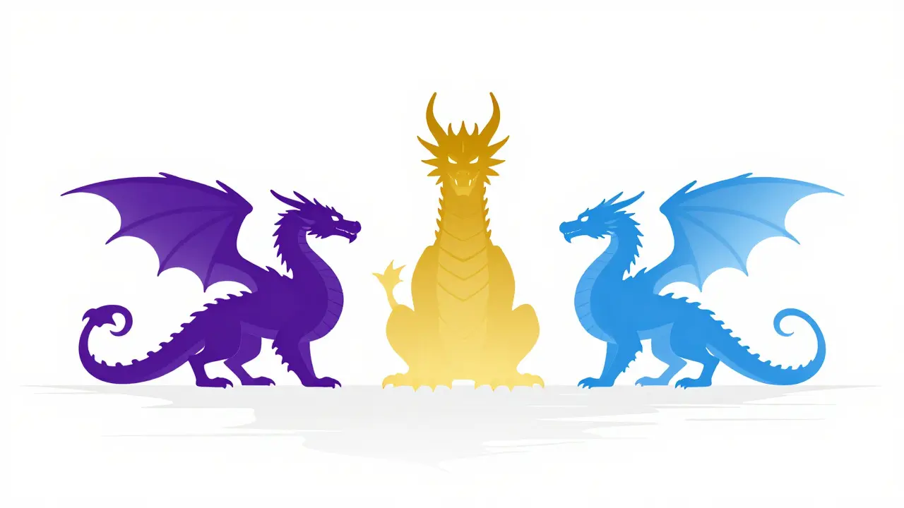 Three colorful dragon silhouettes in a triangle formation on white background.