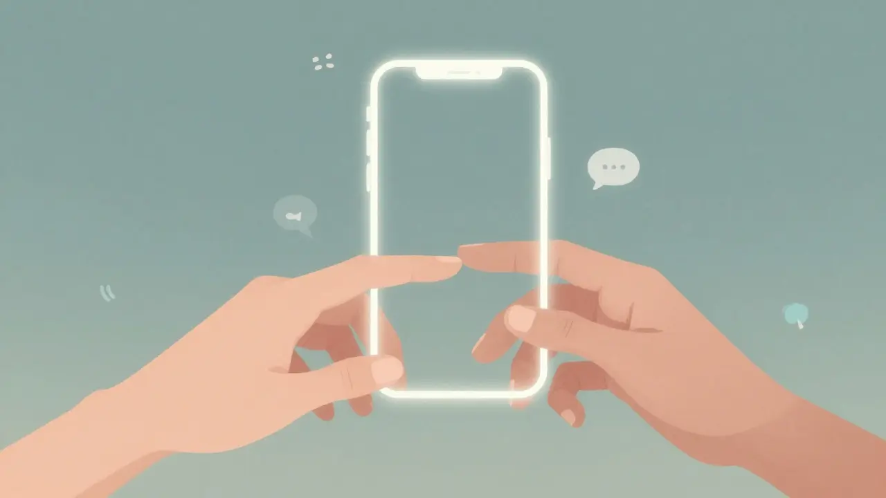 Two hands reaching across a smartphone screen