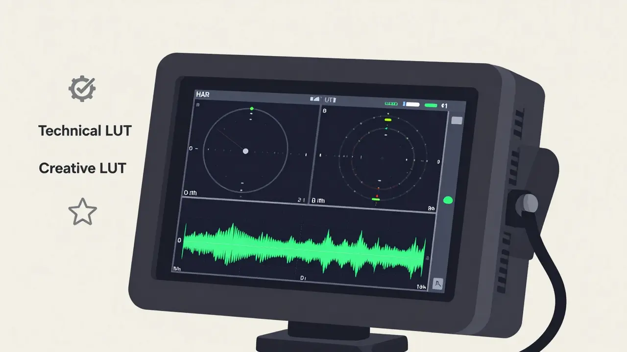 Video monitor displaying scopes and LUT options on a film set