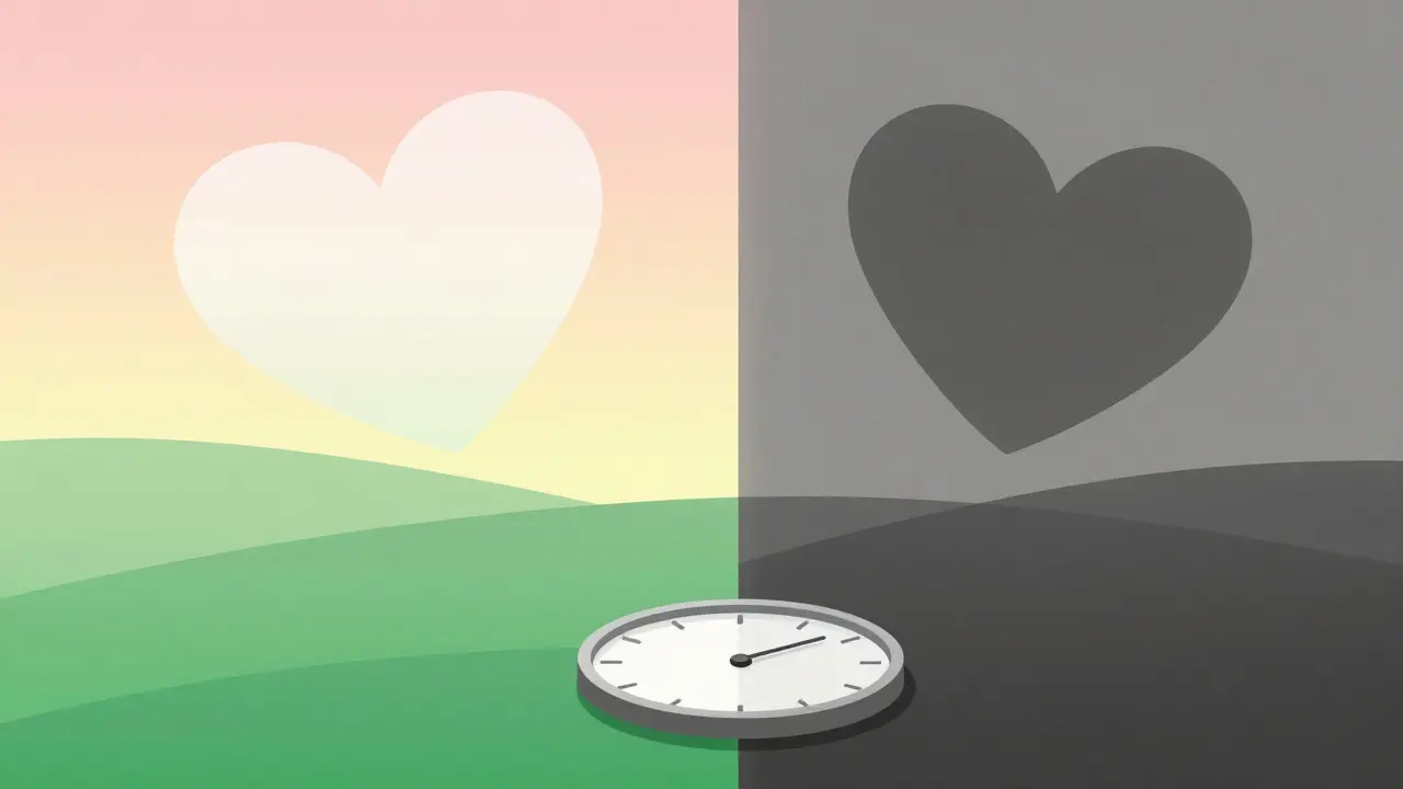 Abstract hearts drifting apart over a changing landscape and clock