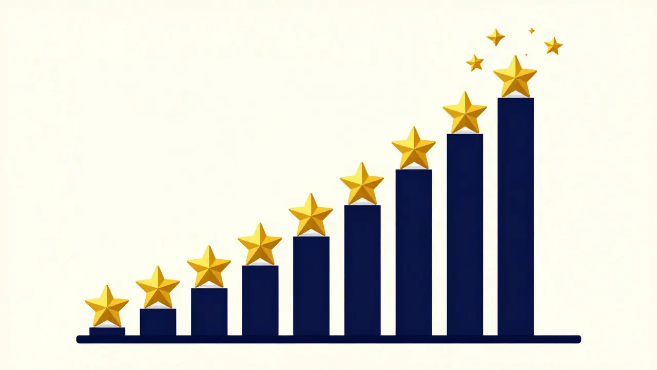 Abstract minimalist art showing a rising stack of identical golden stars overflowing a shape