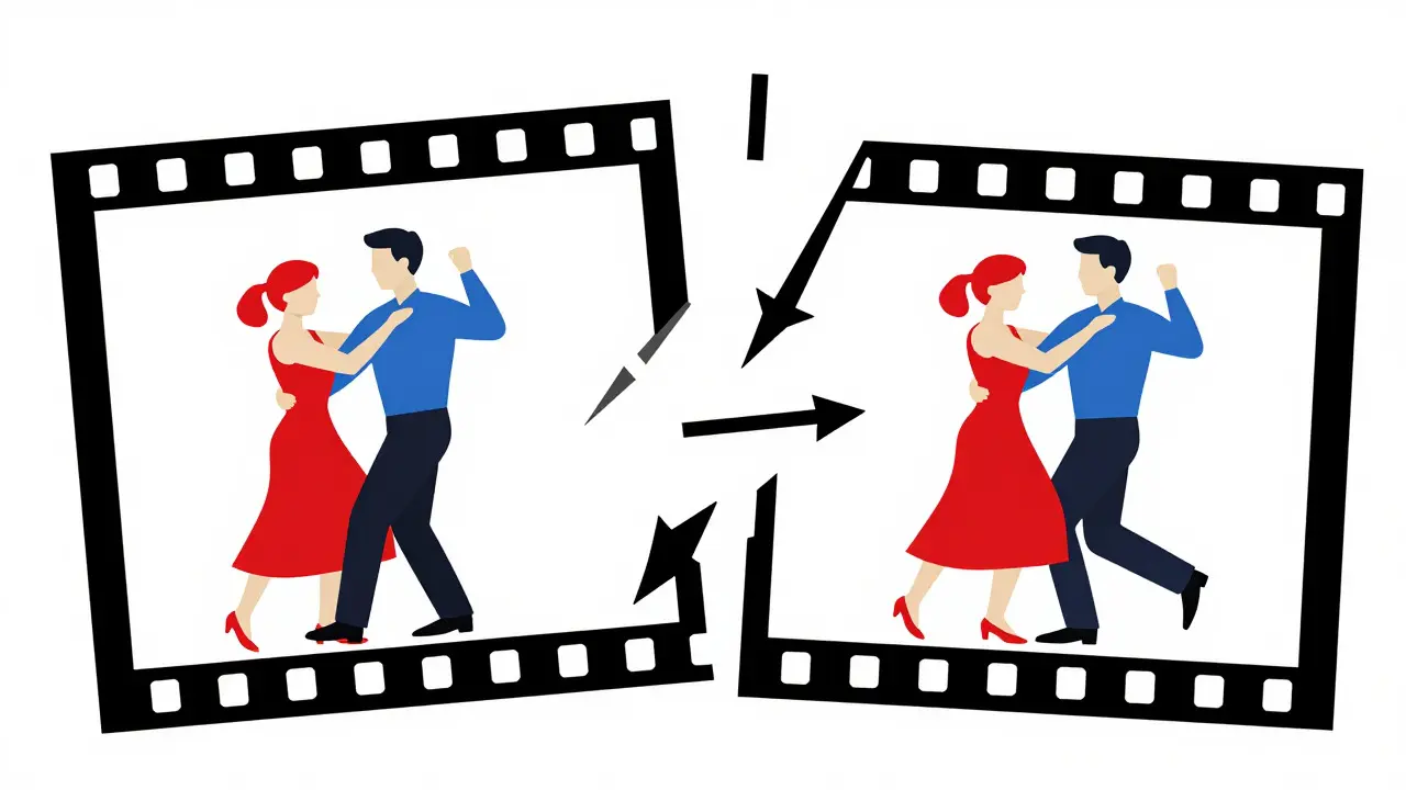 Abstract minimalist illustration depicting fragmented film frames and jump cuts with bold colors.