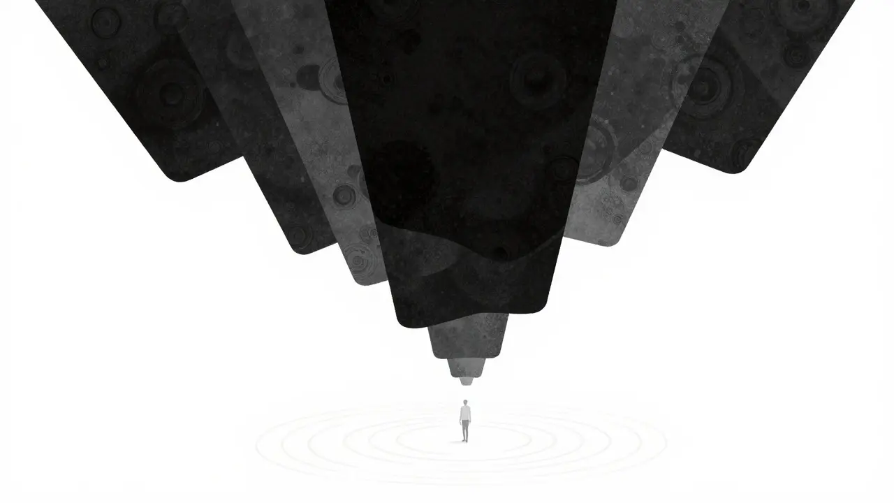 Abstract shapes pressing down on tiny human silhouette