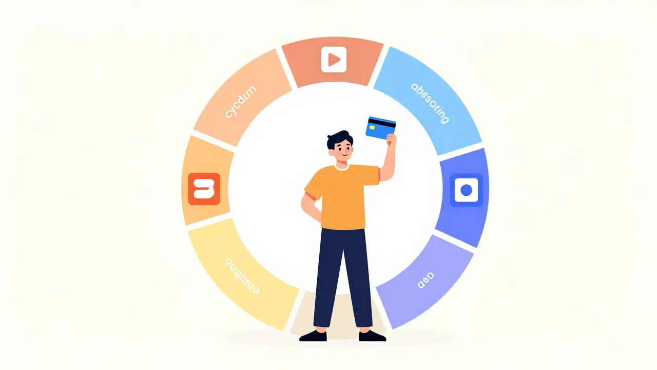 Calendar wheel showing rotating subscriptions and happy user
